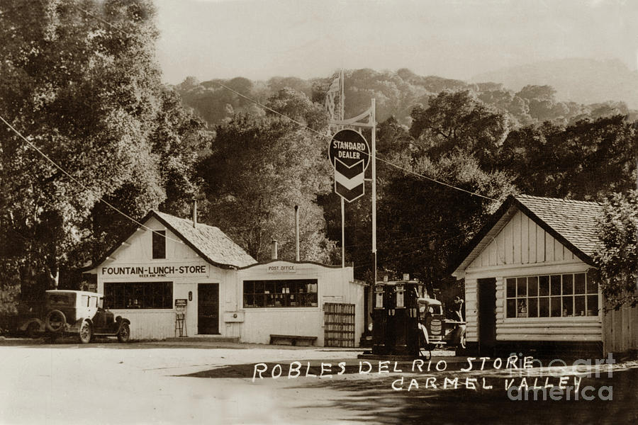 Fountain Photograph - Robles Del Rio store,  Rosies Cracker Barrel store, Carmel Valley 1933 by Monterey County Historical Society