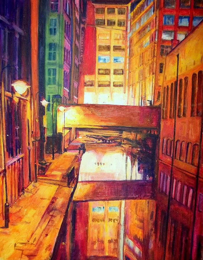Rochdale Canal With Lock At Night Painting by Rosanne Gartner