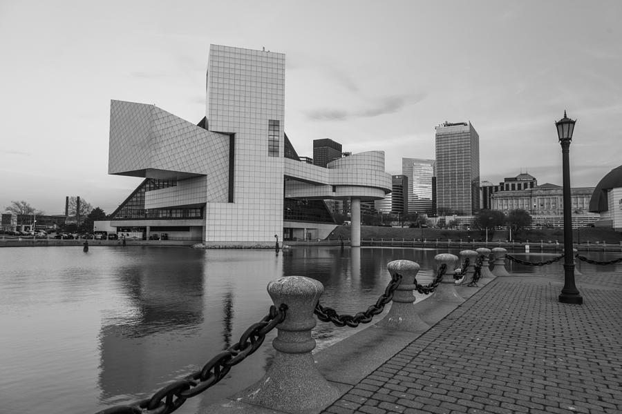 Rock And Roll Hall Of Fame On The Water Black And White Photograph