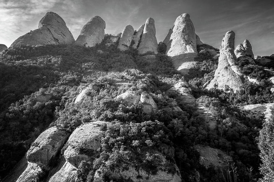 Barcelona Photograph - Rock Formations Montserrat Spain BW by Joan Carroll