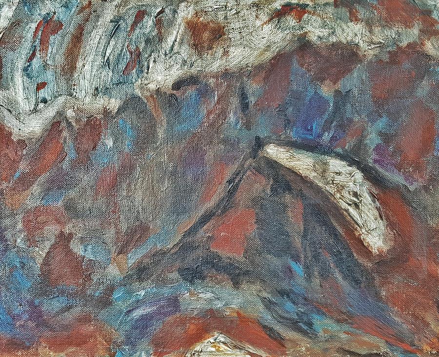 Rock Landscape Abstract  fall waves and forests swirling in the background in red blue orang Painting by MendyZ