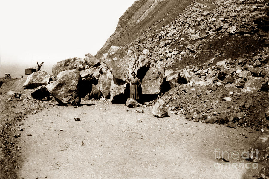 Rock Slide Photograph - Rock slide on Highway One Big Sur, Cal Circa 1930 by Monterey County Historical Society