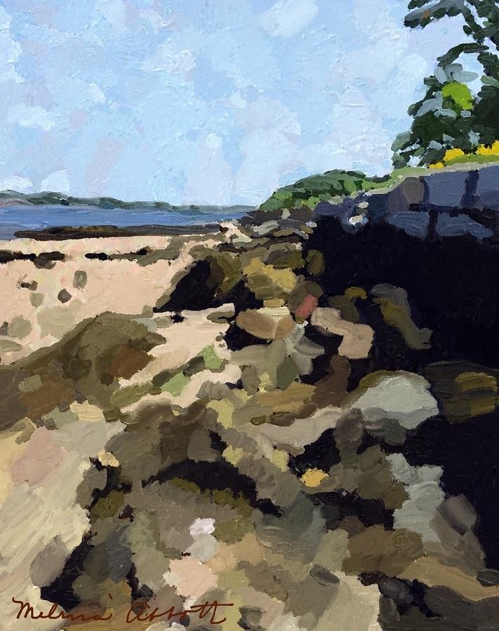 Rock Wall looking South on Ten Pound Island, Gloucester, MA Painting by Melissa Abbott