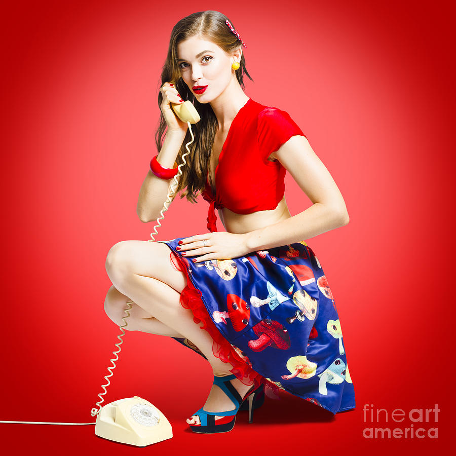 Rockabilly gal talking the talk on old telephone Photograph by Jorgo Photography