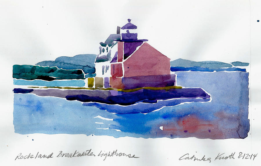 Lighthouse Painting - Rockland  Breakwater lighthouse watercolor 2014 Maine coast by Catinka Knoth