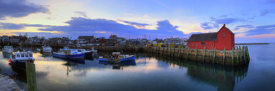 Rockport Photograph - Rockport Harbor Sunset Panoramic with Motif No1 by Joann Vitali
