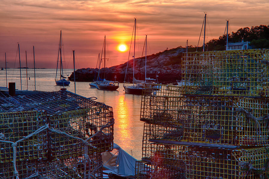 Rockport lobster pots and sailboats at sunrise Digital Art by Jeff Folger