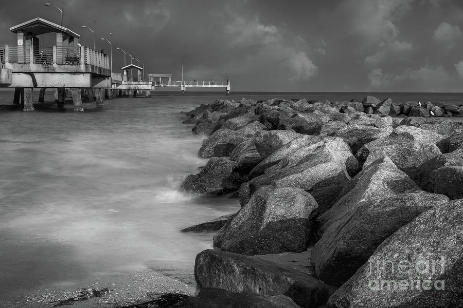 Rocks and Pier at Fort Desoto Park, Florida Blk Wht Photograph by Liesl Walsh