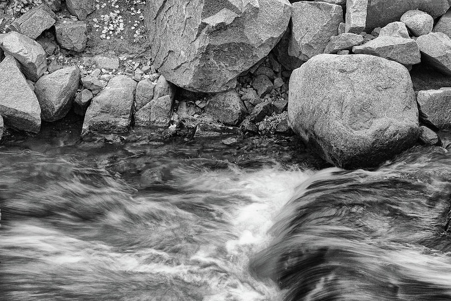 Rocks And Rushing Mountain Stream - Black And White - Monochrome Photograph