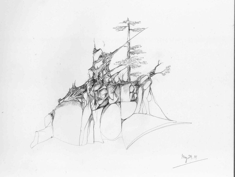 Rocks and trees Drawing by Padamvir Singh
