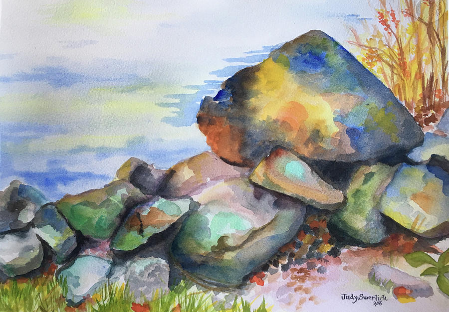 Rocks by Waters Edge Painting by Judy Swerlick