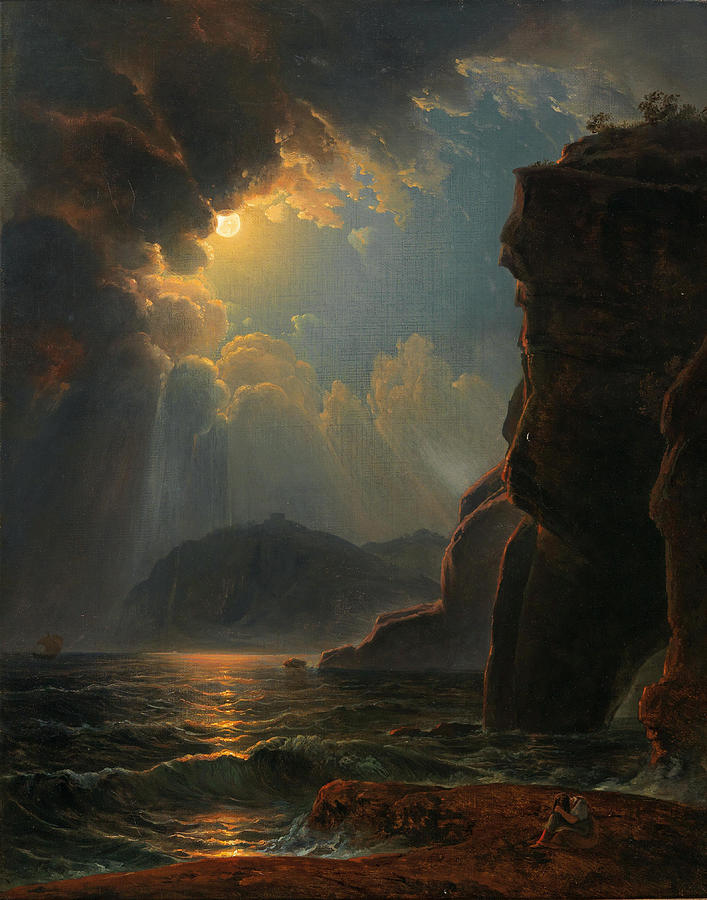 Rocky Coast in the Moonlight Painting by Johann Nepomuk Schodlberger