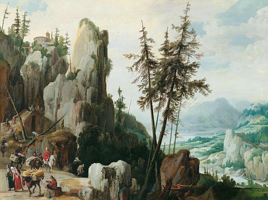 Rocky landscape with travelers Painting by Jan Tilens