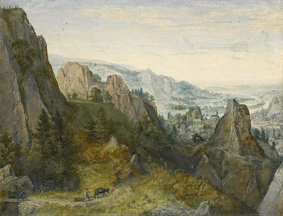Rocky landscape with travellers on a path with a view of a town believed to be Huy in the valley bey Painting by Lucas van Valckenborch