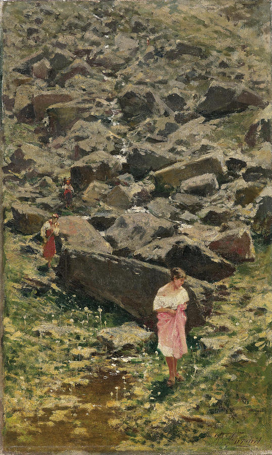 Rocky Landscape with Young Women by a Stream Painting by Achille Formis