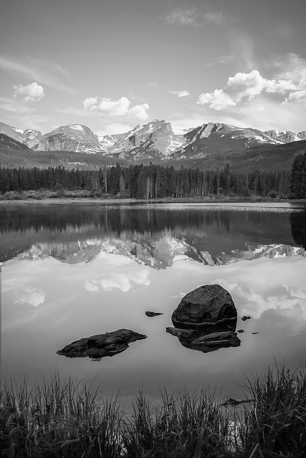Rocky Mountain Reflections in Black and White - Estes Park Colorado Art Photograph by Gregory Ballos
