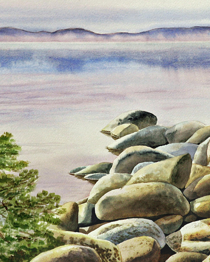 Rocky Shore Of The Lake Watercolor Painting by Irina Sztukowski