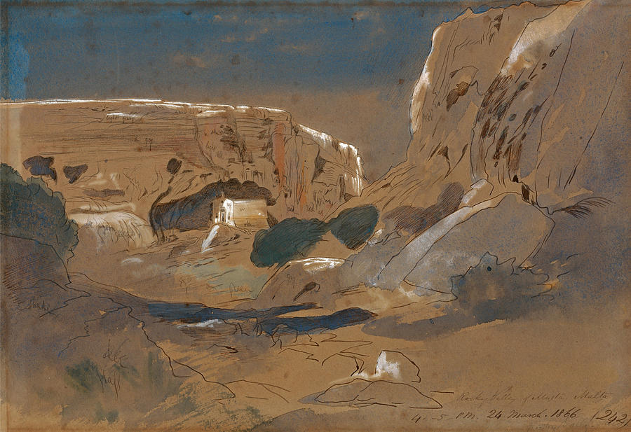 Rocky Valley of Mosta. Malta Drawing by Edward Lear