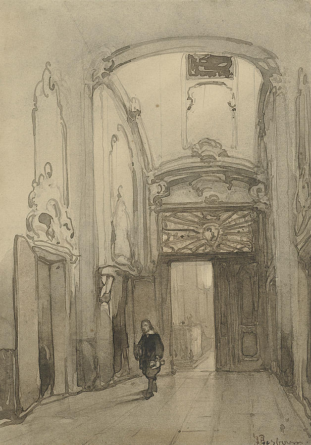 Rococo portal in City Hall in The Hague with a man in seventeenth-century costume Drawing by Johannes Bosboom