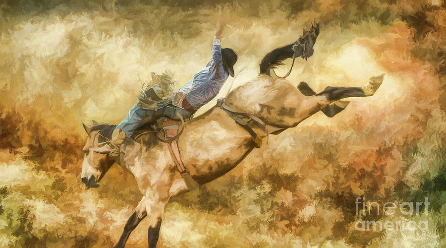 Rodeo Bronco Riding Five Watercolor Digital Art by Randy Steele