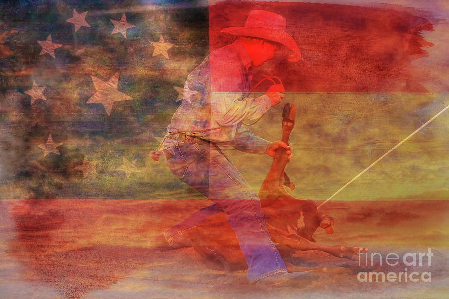 Rodeo Calf Roper over Flag Digital Art by Randy Steele