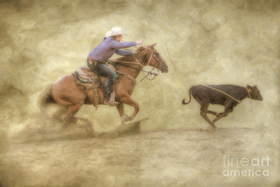 Sunset Digital Art - Rodeo Cowboy Calf Roping by Randy Steele