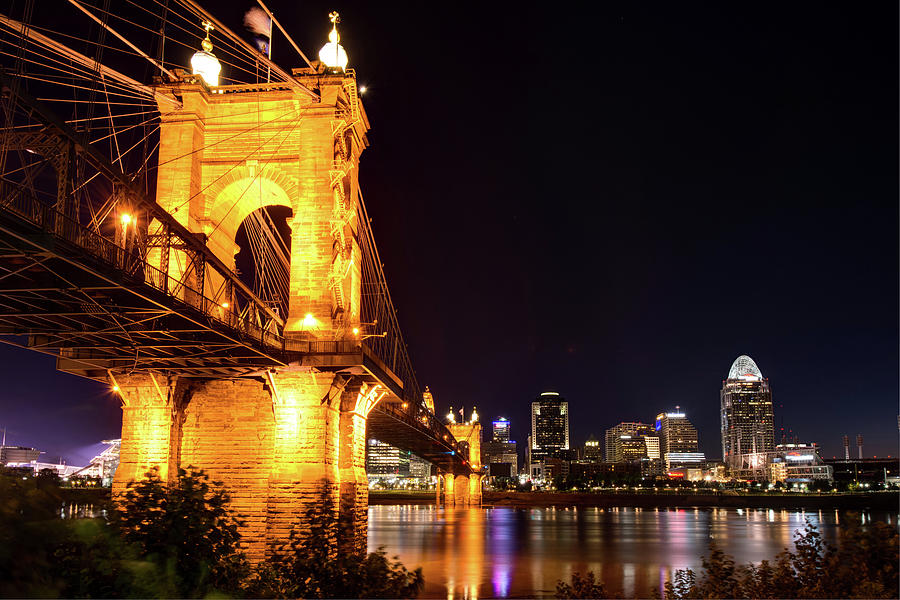 Roebling Bridge And Cincinnati Skyline At Night Photograph