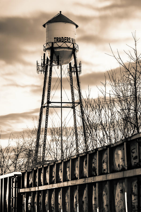 Vintage Photograph - Rogers Arkansas Water Tower Along the Tracks - Sepia Edition by Gregory Ballos