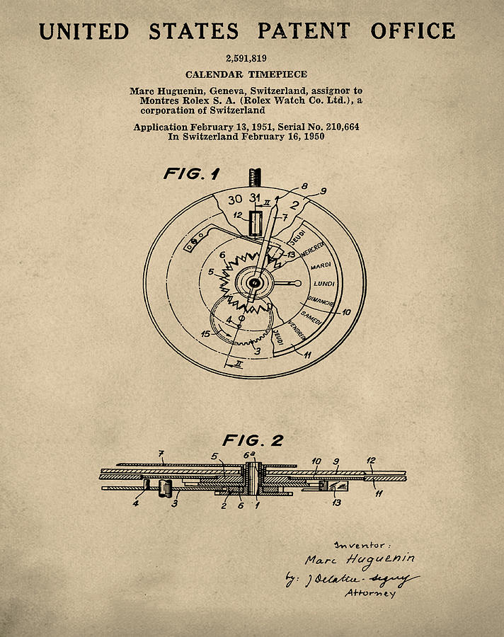 Vintage Drawing - Rolex Watch Patent 1999 in Old Style by Bill Cannon