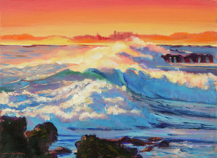 Sunset Painting - Rolling Ocean Surf - Plein Air by David Lloyd Glover