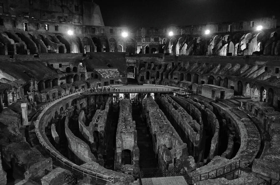 Roman Colosseum Interior and Underground at Night Black and White Photograph by Shawn OBrien