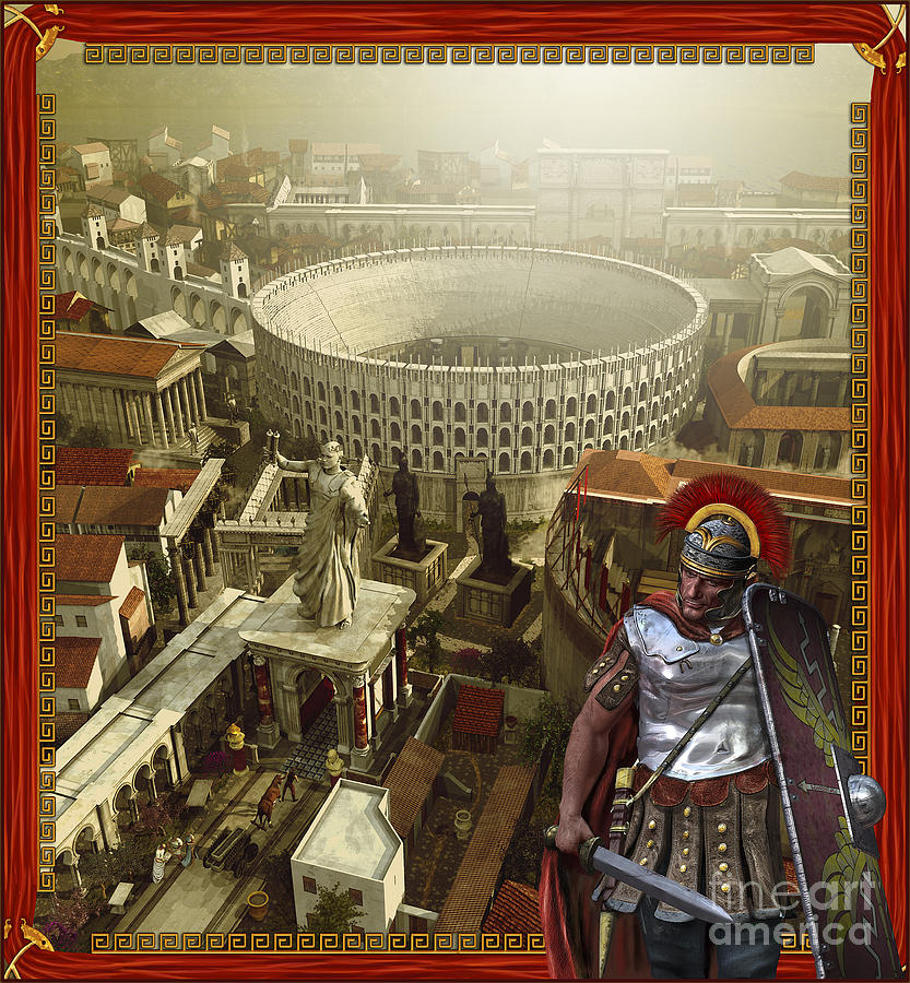 Roman Legionnaire With A Roman City Digital Art