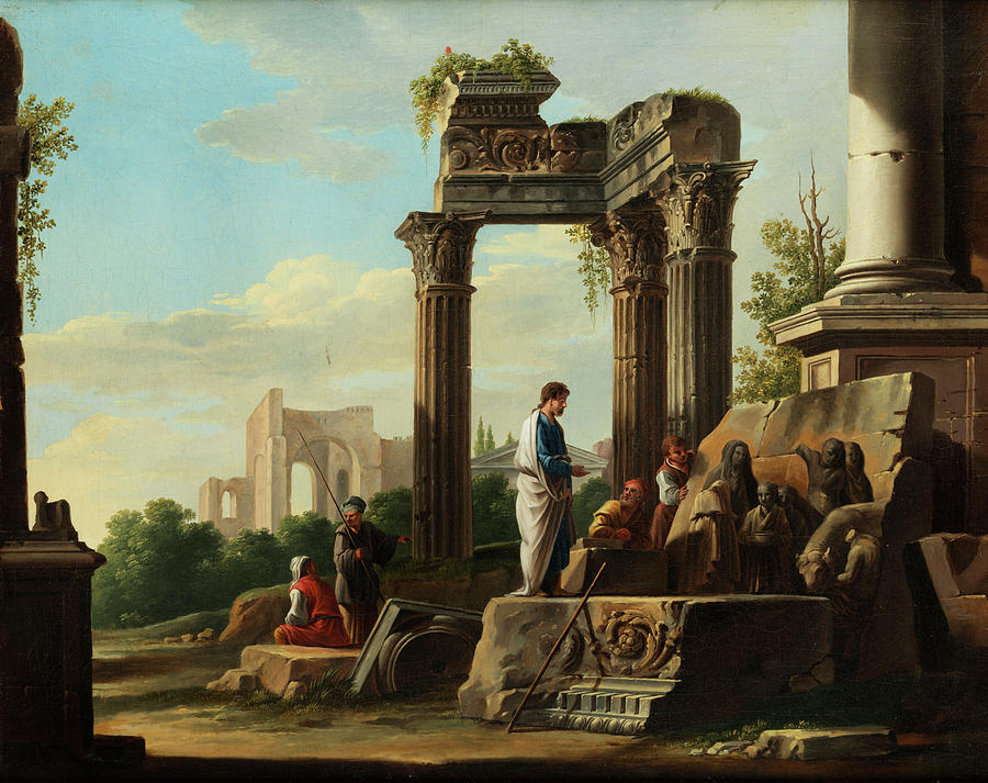 Architecture Painting - Roman ruins with figures the preaching of Jesus by Giovanni Ghisolfi