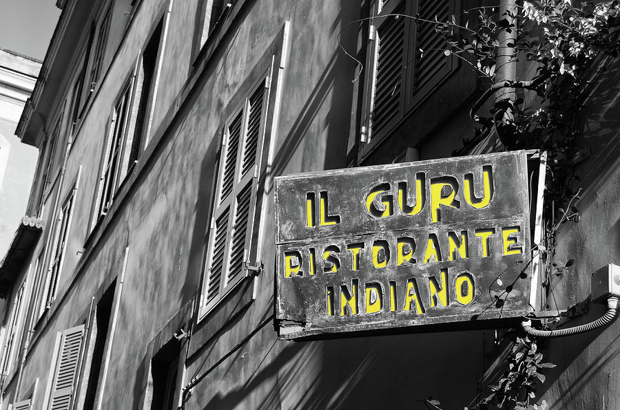 Roman Urban Street Scene with Indian Restaurant Sign Color Splash Black and White Photograph by Shawn OBrien