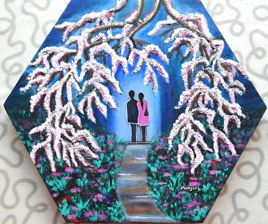 Romance under Cherry Blossom textured hexagonal painting  Painting by Manjiri Kanvinde