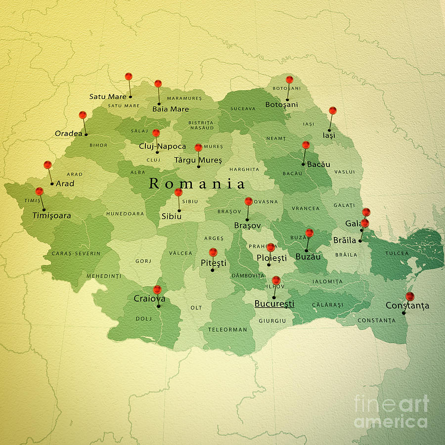 Romania Map Square Cities Straight Pin Vintage Digital Art by Frank Ramspott