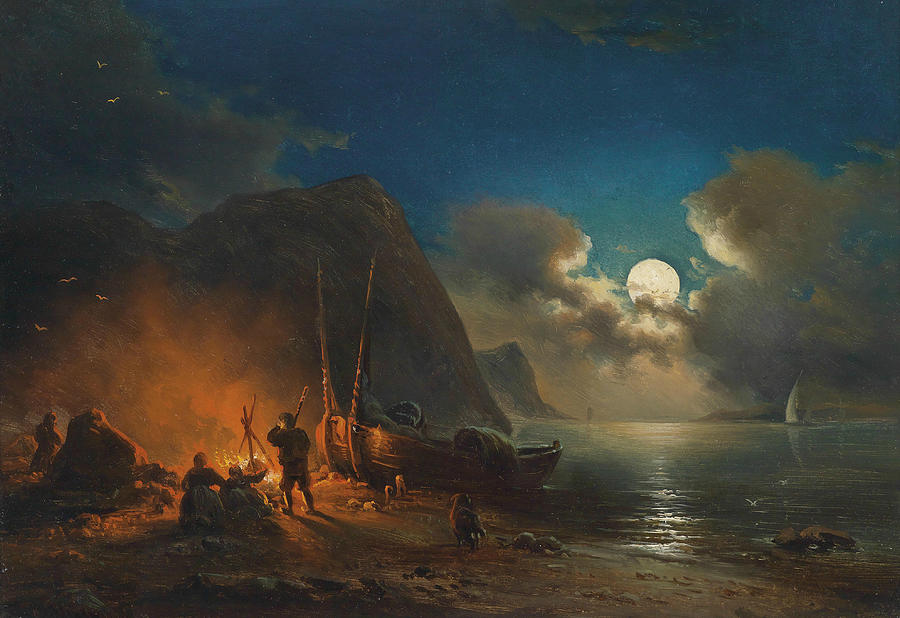 Romantic Campfire in the Moonlight Painting by Johann Anton Castell
