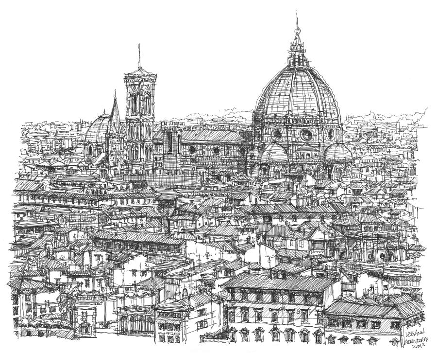 ink drawings of buildings