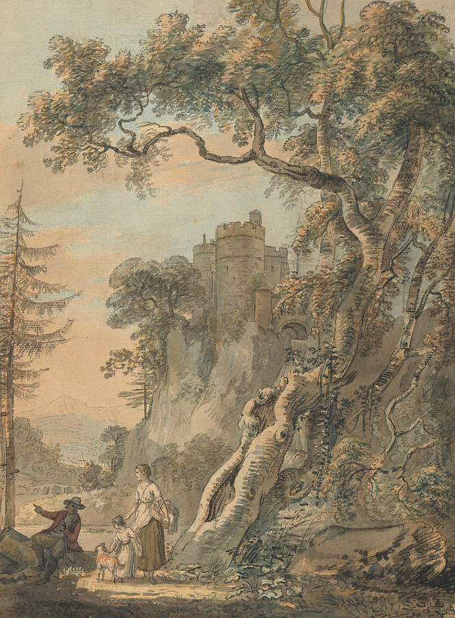 Romantic Landscape - Peasants at the Foot of a Castle on a Crag Painting by Paul Sandby