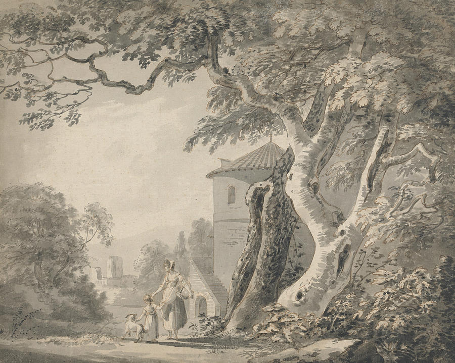 Romantic Landscape with Figures and a Dog Drawing by Paul Sandby