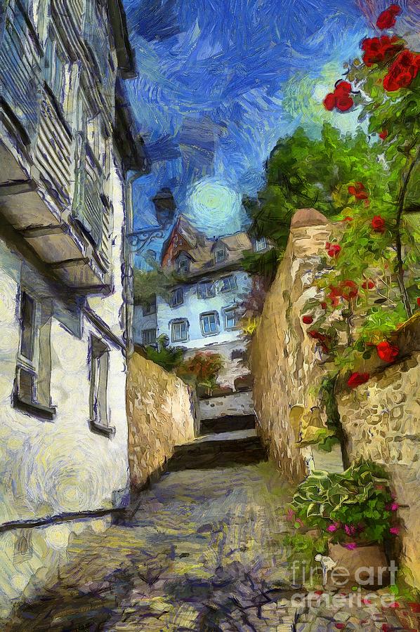 Romantic Old Town Painting by Eva Lechner