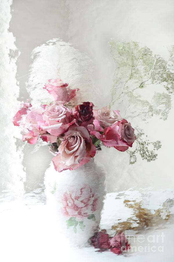 Romantic Pink Red Roses Impressionistic Floral - Shabby Chic Romantic Pink and Red Roses Photograph by Kathy Fornal