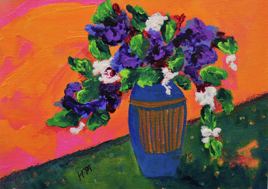 Romantic Purple flowers in blue vase Painting by Haleh Mahbod