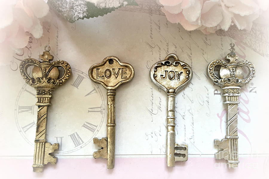 Love Joy Shabby Chic Vintage Keys - Gold and Silver Skeleton Keys Love Joy Home Decor Photograph by Kathy Fornal