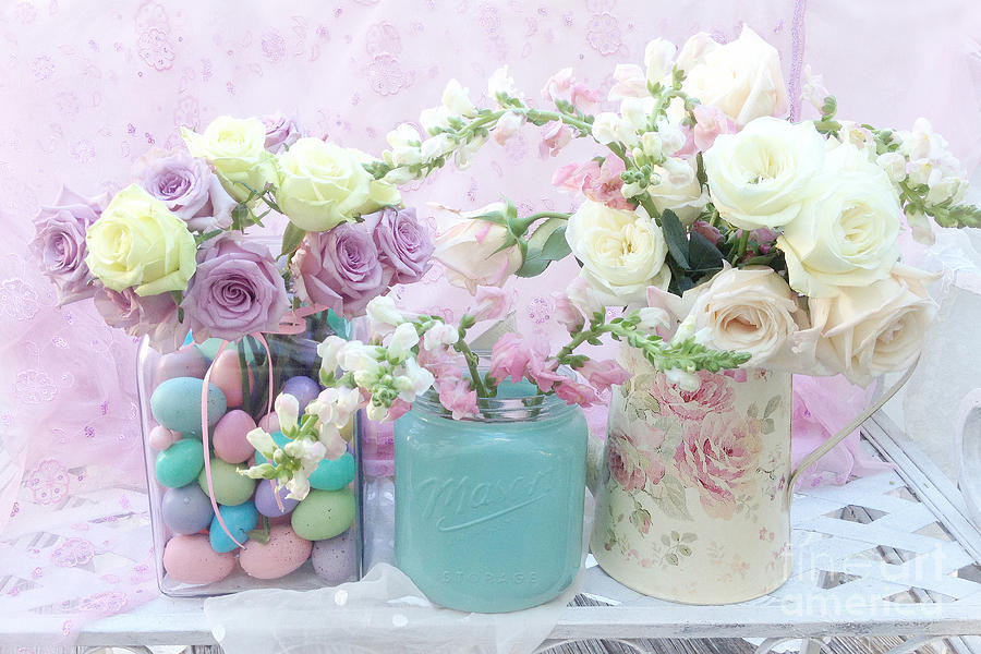 Shabby Chic Pastel Pink Lavender White Roses - Shabby Chic Roses Cottage Floral Print - Easter Photograph by Kathy Fornal