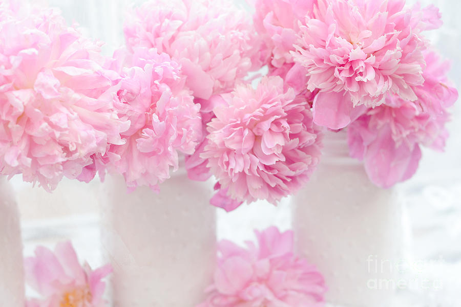 Flower Photograph - Shabby Chic Pastel Pink Peonies - Pink Peonies In White Mason Jars by Kathy Fornal
