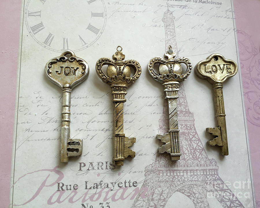 Romantic Skeleton Keys - Love Joy Keys Print  - Silver and Gold Love Joy French Key Decor Photograph by Kathy Fornal