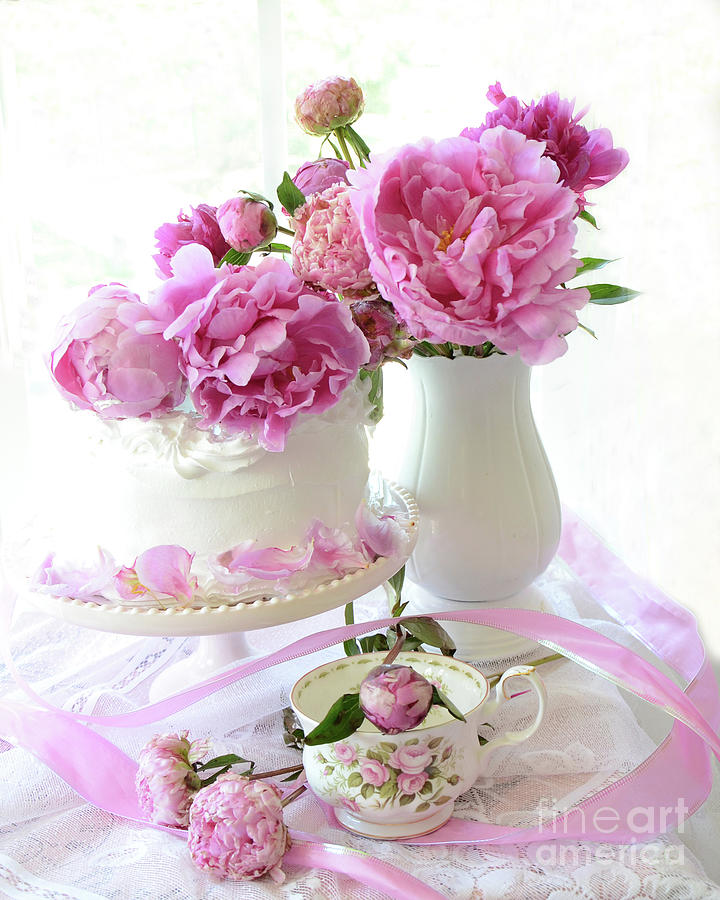 Romantic Pink Peonies Cake Teatime Kitchen Decor - Shabby Chic Cottage Peonies Teatime Cake Food Art Photograph by Kathy Fornal
