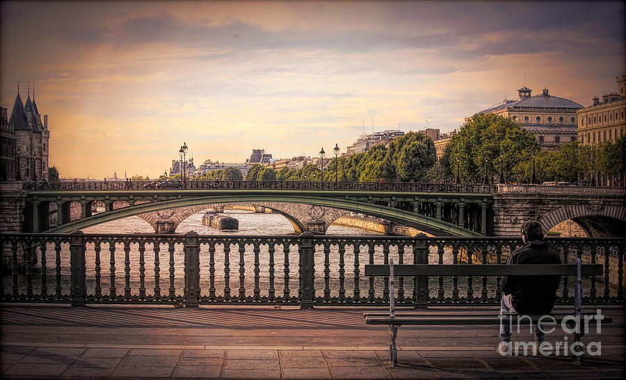 Paris Photograph - Romantic View Seine River Bridge Man Alone Paris  by Chuck Kuhn