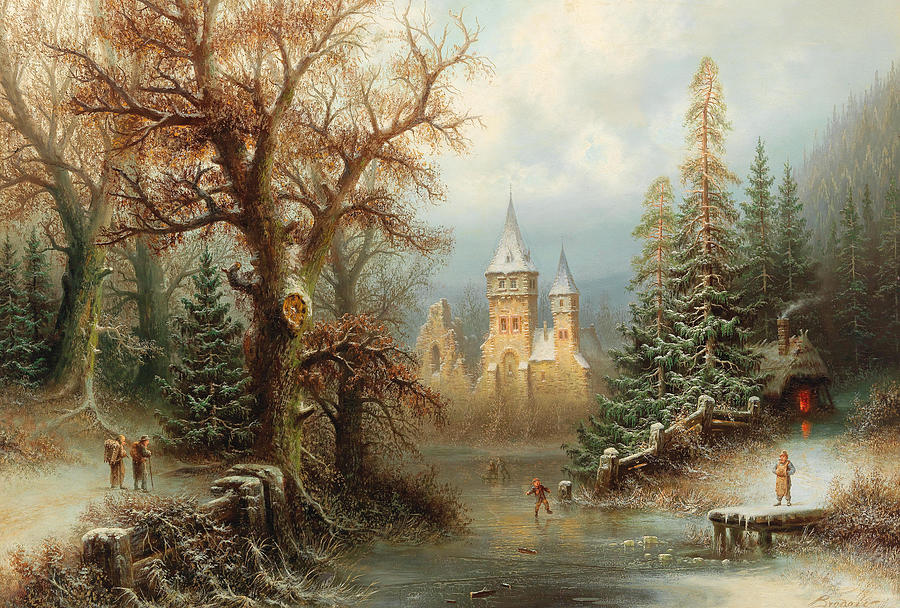 Romantic Winter Landscape with Ice Skaters by a Castle Painting by Albert Bredow